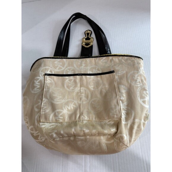 Michael Kors Womens Santorini Tote Bag Yellow Black Straw Patent Leather Woven - Picture 15 of 16